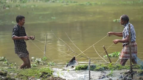 View of two fishermen using a traditional net in a river, Bangladesh. Video stock 334984507