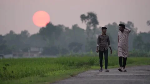 View of two men walking on a rural road at sunset, Bangladesh. Stock Footage 335553163