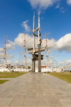 View at two monuments located on South Pier in Gdynia, Poland. Stock Photos