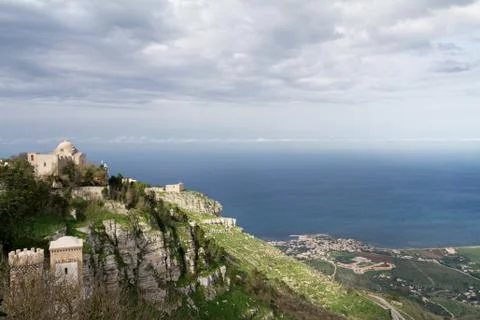 View of two old churches situated on Erice mountain, with the mediterranean.. Stock Photos