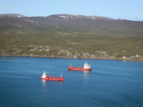 View of Two Red and White Vessels of Similar Size Are on the Water. Traffic, Stock Footage 71993277