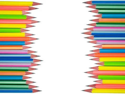 View of two rows of different colored wood pencil crayons facing each other o Stock Photos