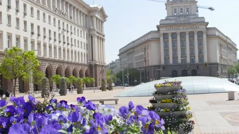 View of the two Socialist Classicism edifices in central Sofia, capital of Bulga Stock-Footage 135814684