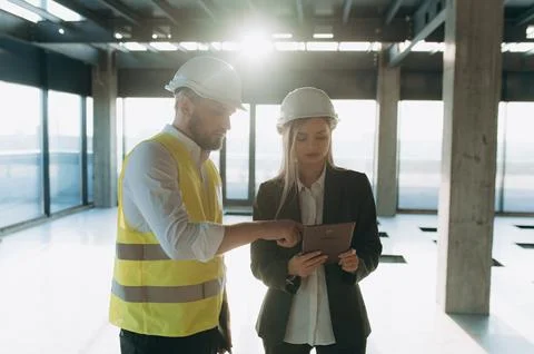 View of Two workers working outside with a tablet on a construction site Foto stock