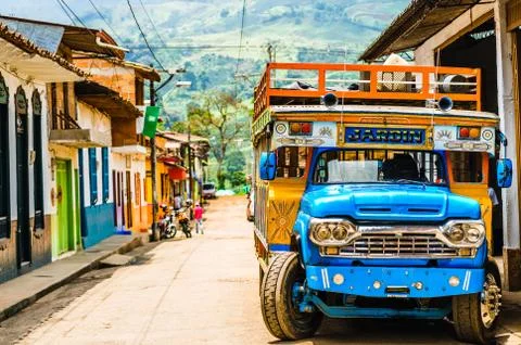 View on Typical colorful chicken bus near Jerico Antioquia, Colombia, South Stock Photos