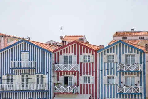 View of typical Costa Nova beach house, colorful striped wooden beach houses Stock Photos