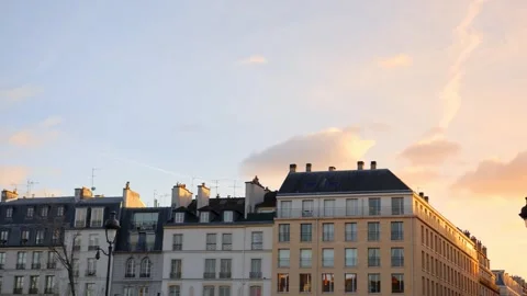 A View Of Typical French Architecture In Paris, France During Sunset. Wide Stock Footage 255049324