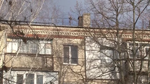 View of a typical residential  building in a Soviet city. Old panel  apartment w Stock Footage 170394551