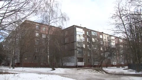 View of a typical residential  building in a Soviet city. Old panel  apartment w Stock Footage 170394668
