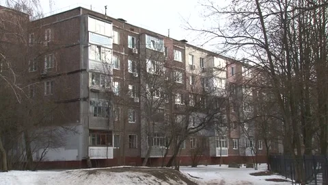 View of a typical residential  building in a Soviet city. Old panel  apartment w Stock Footage 170394675