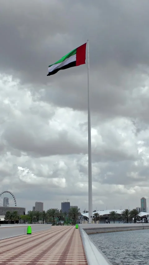 A view of the UAE flag waving over Sharjah on a cloudy day. 動画素材 332769020