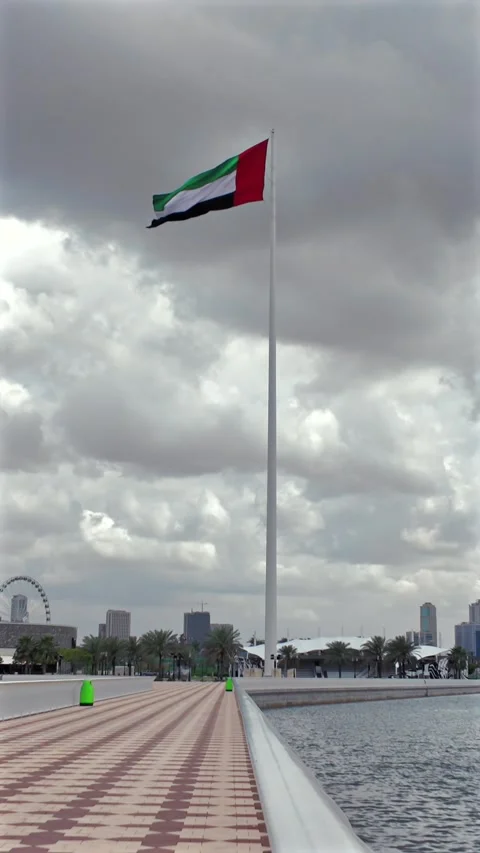 A view of the UAE flag waving over Sharjah on a cloudy day. 動画素材 332770445