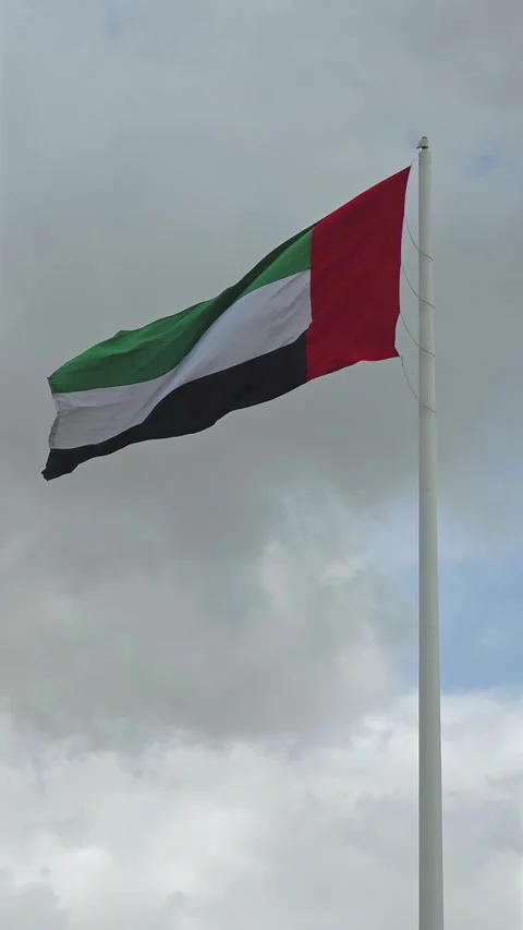A view of the UAE flag waving over Sharjah on a cloudy day. 動画素材 332771201