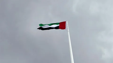 A view of the UAE national flag under overcast conditions in Sharjah. Видео 332684329