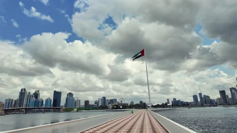 A view of the UAE national flag under overcast conditions in Sharjah. Видео 332684370