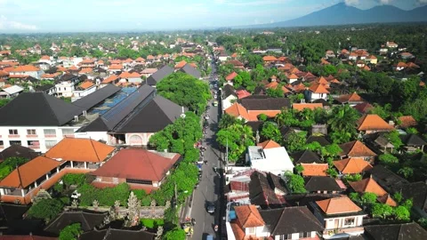 A view of Ubud from above, watching from a drone as the vibrant rooftops meet Stock Footage 312682466