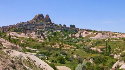 View of Uçhisar Castle and Cave Houses in Cappadocia, Turkey Stock Footage 332522664