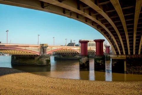 A view from under Blackfriars Bridge to old bridge pillars, London Stock Photos