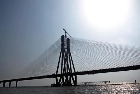 View of under construction eight lane twin carriageway cable stayed Bandra .. Stock Photos