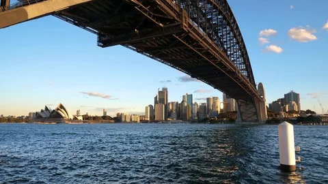 View under the Harbour Bridge and Sydney skyline in the evening Stock Footage 103461290