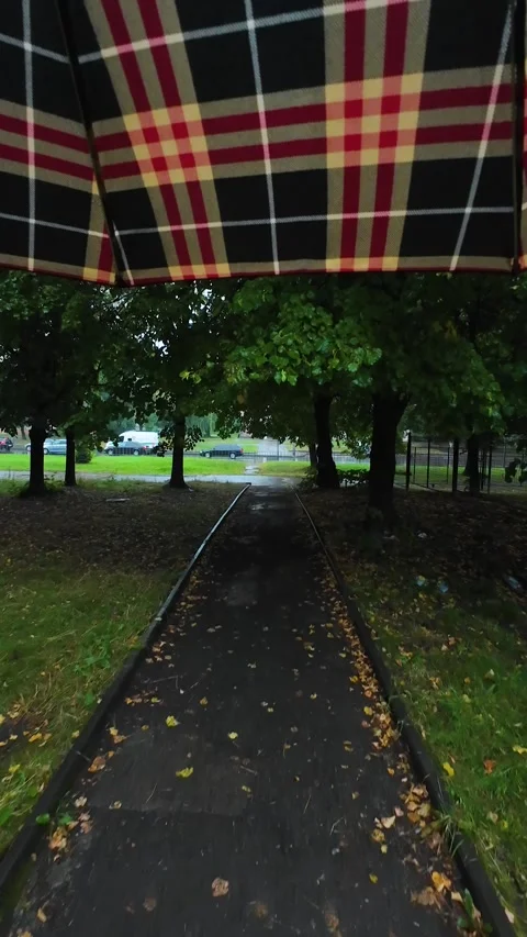 View from under an umbrella onto a dirt path, green lawns and trees. Stock-Footage 316520956
