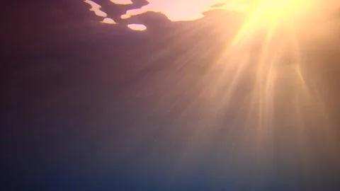 View from underwater of sunrays at sunset with ripples on waves surface Stock Footage 255111022
