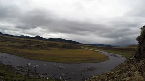 View on Unhurried Flow Mongolian Crystal Clear River in The Midst of a Vast Stock Footage 59717722