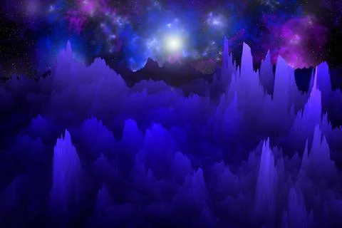 View from an unknown asteroid to the galaxy, rock formations, mountains. 3d i Illustrazione stock