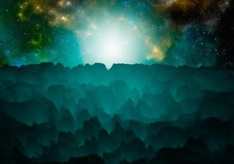 View from an unknown asteroid to the galaxy, rock formations, mountains. 3d i Stock Illustration