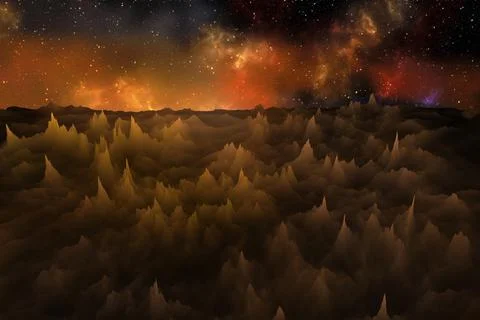 View from an unknown asteroid to the galaxy, rock formations, mountains. 3d i Stock Illustration