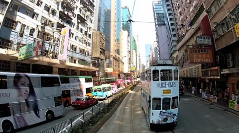 View from the upped deck of the double-deck tram in Hong Kong, China. Stock Footage 58452417