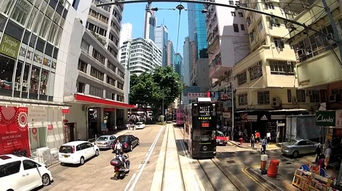 View from the upped deck of the double-deck tram in Hong Kong, China. Stock Footage 58452505