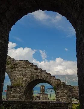 View from the upper area of Gjirokaster castle in Albania, with ancient ruins Stock Photos