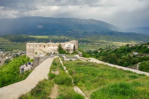 View from the upper area of Gjirokaster castle in Albania, and mountainscape as Stock Photos
