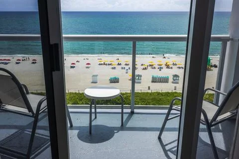 View from the upper floor of the hotel room, through the open balcony door, Stock Photos