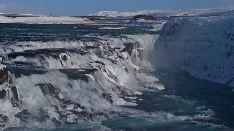 View of upper Gullfoss waterfall, Iceland in winter with snow and ice Stock Footage 154160862