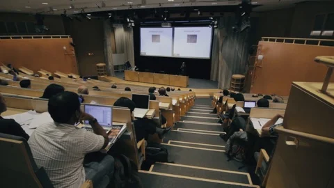 View from upper right corner of a large modern university classroom with Stock Footage 100523425