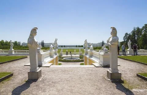 View from the upper terrace to the lower one and the Arkhangelsk Museum Stock Photos