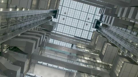 View Upward to Modern Glass Atrium and Elevators Inside Deutsche Börse Frankfur Stock Footage 334052796