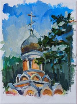 A view upwards of the dome with a cross of an Orthodox church. Oil painting.. Ilustração Stock