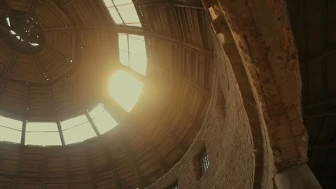 View upwards to the old wooden round roof of the stables Stock Footage 89785898
