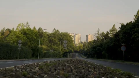 View of urban buildings by greenery during early Stock Footage 282513669