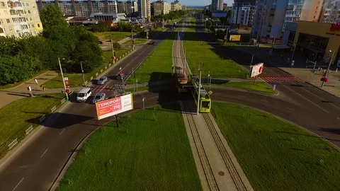 View of urban city with drone camera. Driving public transport in the street 스톡 동영상 105262960
