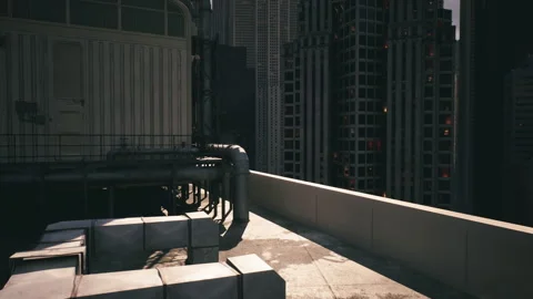 View of urban rooftop with industrial elements in a bustling cityscape Stock Footage 294997170