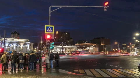 View of urban  square with the movement of public transport, cars and crowds  Stock Footage 86774231