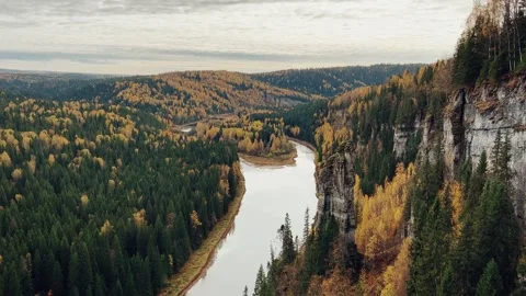 View of the Usva pillars and the river in autumn.  Stock Footage 252903568