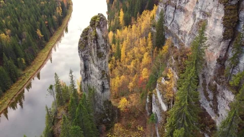 View of the Usva pillars and the river in autumn.  Stock Footage 254791713
