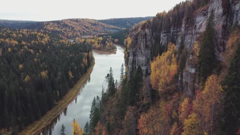 View of the Usva pillars and the river in autumn. Stock Footage 255267751