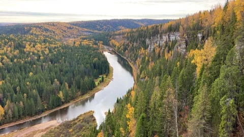 View of the Usva pillars and the river in autumn.  Stock Footage 260056525