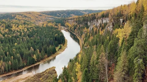 View of the Usva pillars and the river in autumn.  Stock Footage 260296007